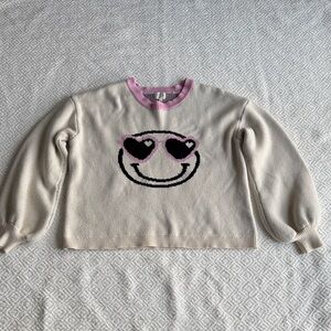 Dee Elly Smiley Face Crew Neck Sweater - Cream and Pink Sz L